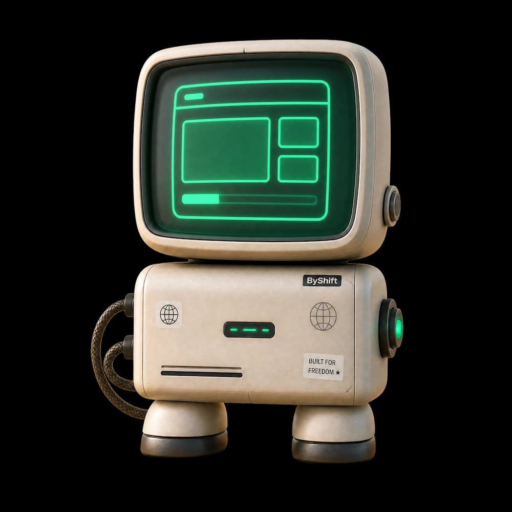 ByShift mascotte met een wireframe op zijn scherm