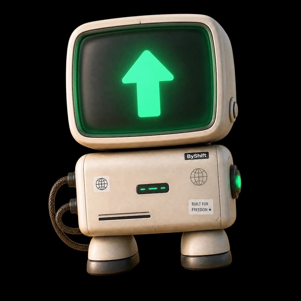 ByShift mascotte met een pijl omhoog op zijn scherm